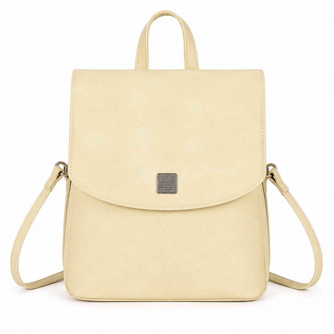 A light cream-colored faux-leather backpack with a top handle, a front flap pocket, and a small square metallic logo plaque, shown against a plain white background.