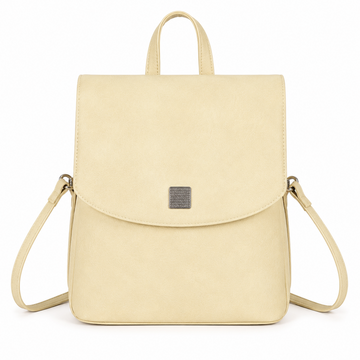 A light cream-colored faux-leather backpack with a top handle, a front flap pocket, and a small square metallic logo plaque, shown against a plain white background.