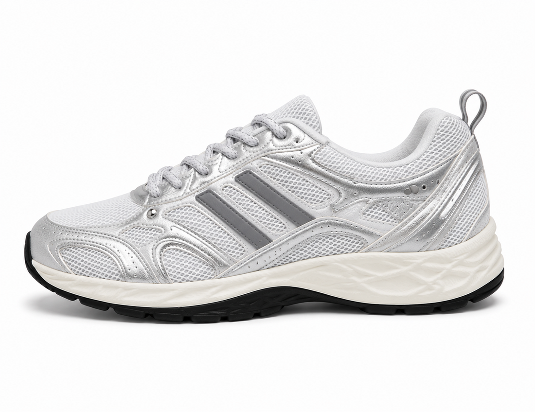 A pair of white and light gray athletic sneakers shown from the front on a clean white background.