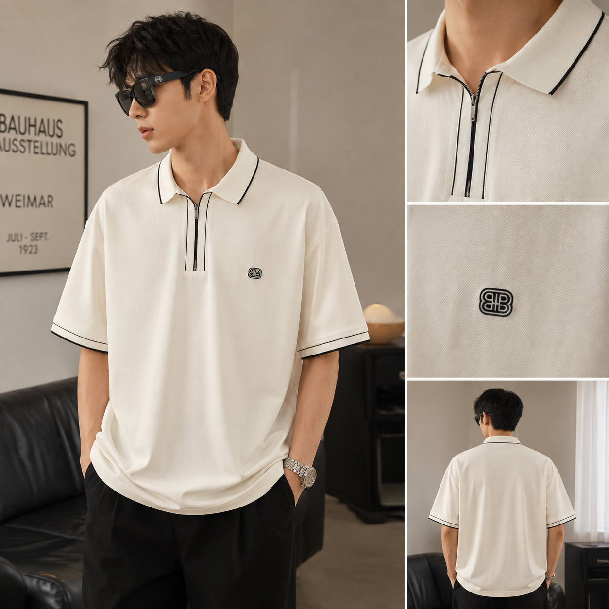 Men’s Zip Collar Oversized Polo T-Shirt – Off White
