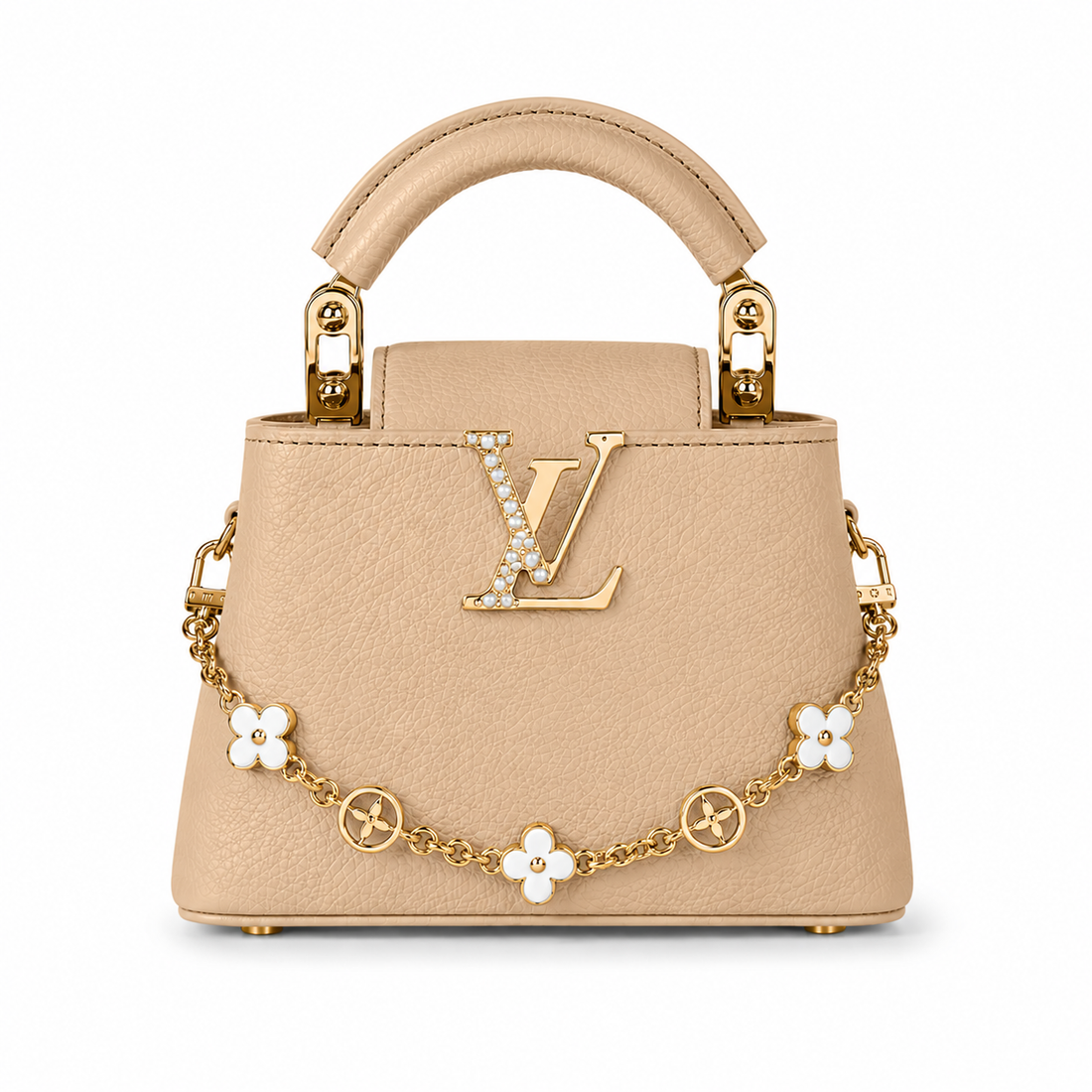 Louis Vuitton Capucines large beige leather handbag with pearl-detailed gold LV logo, floral gold charm chain, structured top handle, and elegant luxury designer styling.
