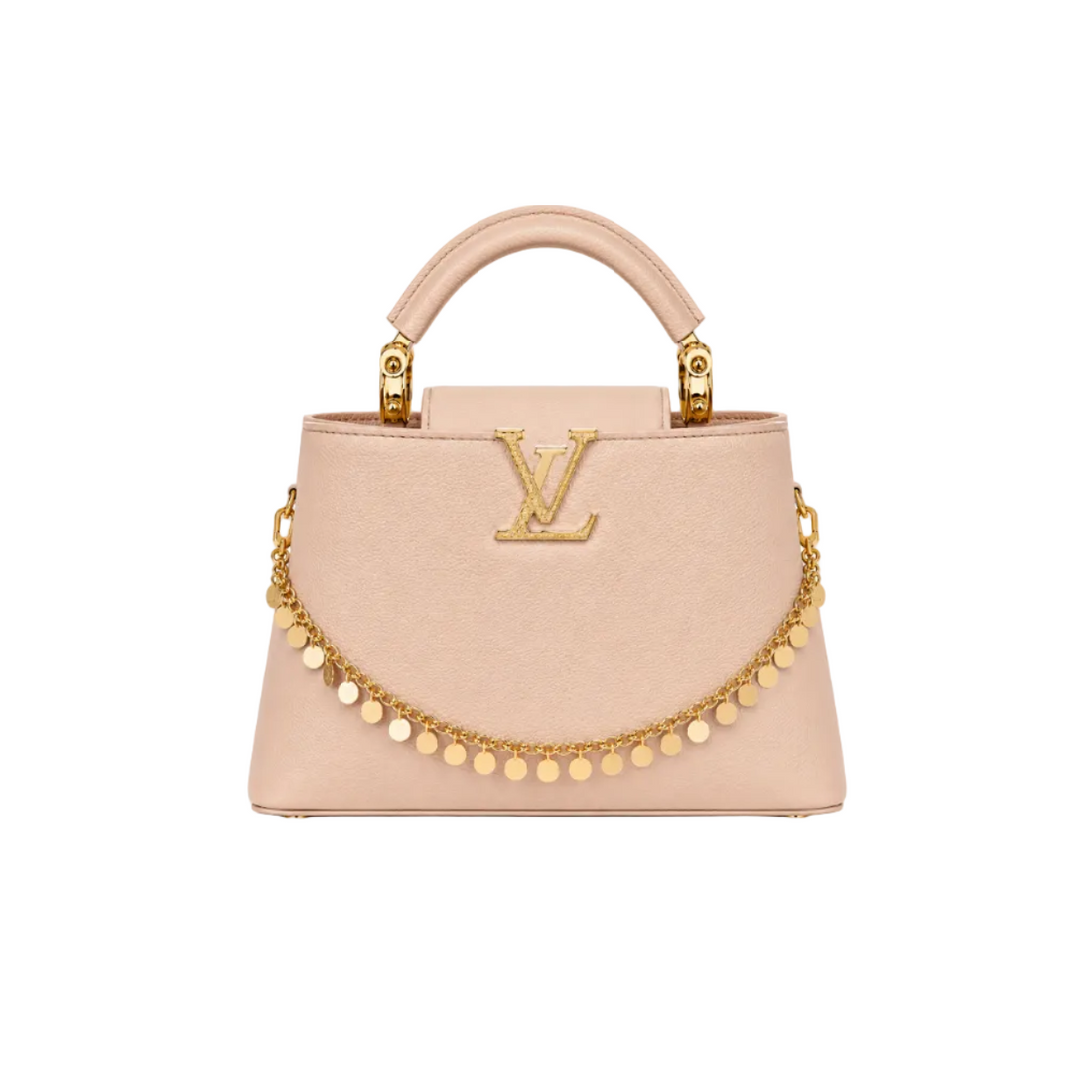Louis Vuitton Capucines beige leather top handle handbag with gold LV logo, decorative gold chain charm, and structured silhouette.