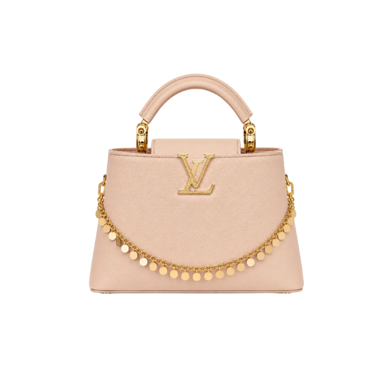 Louis Vuitton Capucines beige leather top handle handbag with gold LV logo, decorative gold chain charm, and structured silhouette.