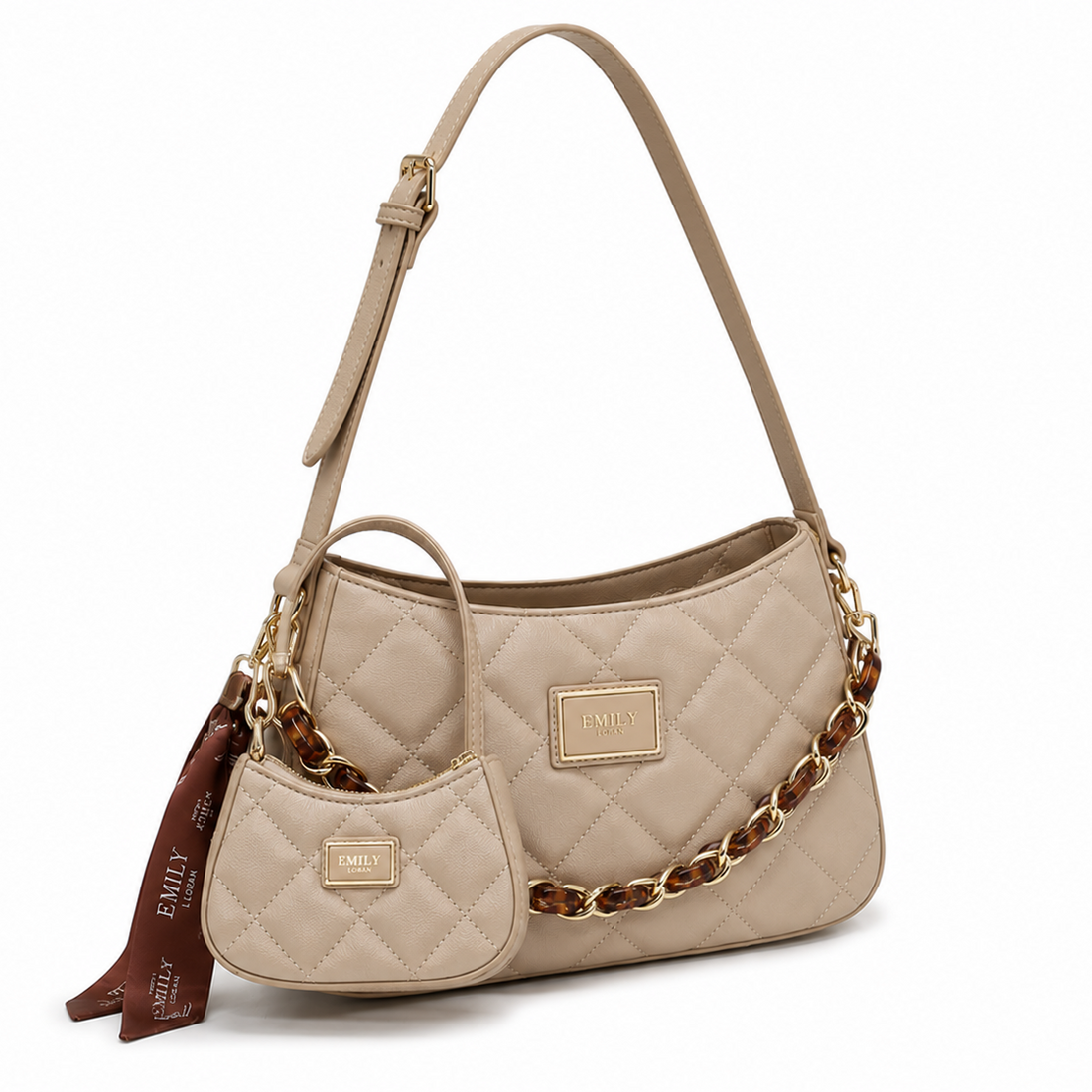 EMILY LORAN beige quilted shoulder bag with gold and tortoise chain, adjustable shoulder strap, matching mini pouch, and decorative ribbon.