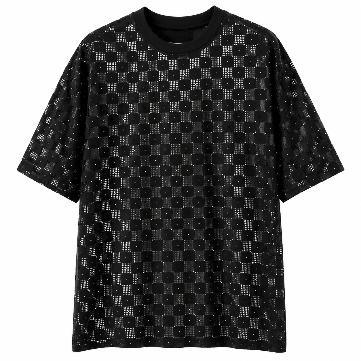 Men’s Perforated Rhinestone Checkered T-Shirt – Black