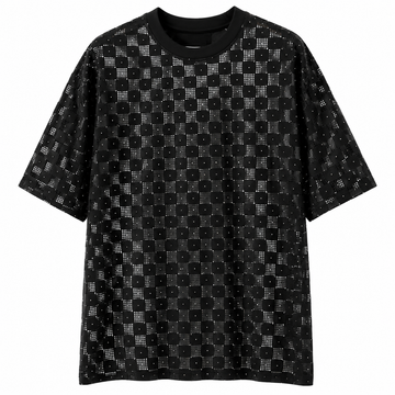 Men’s Perforated Rhinestone Checkered T-Shirt – Black
