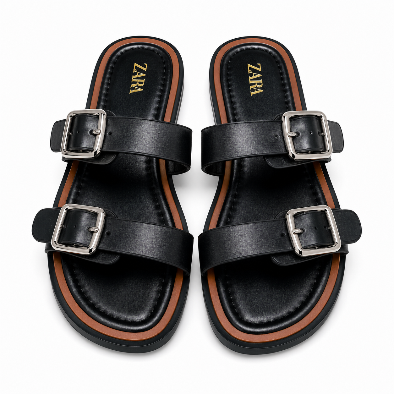 Women’s Double Buckle Flat Sandals – Black
