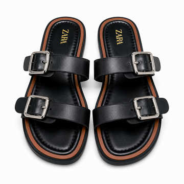 Women’s Double Buckle Flat Sandals – Black