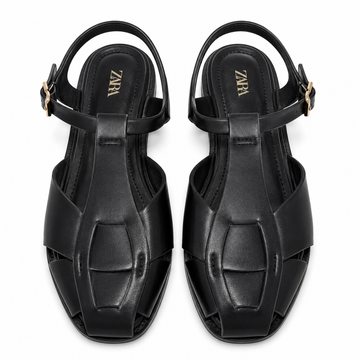 Women’s T-Strap Woven Flat Sandals – Black