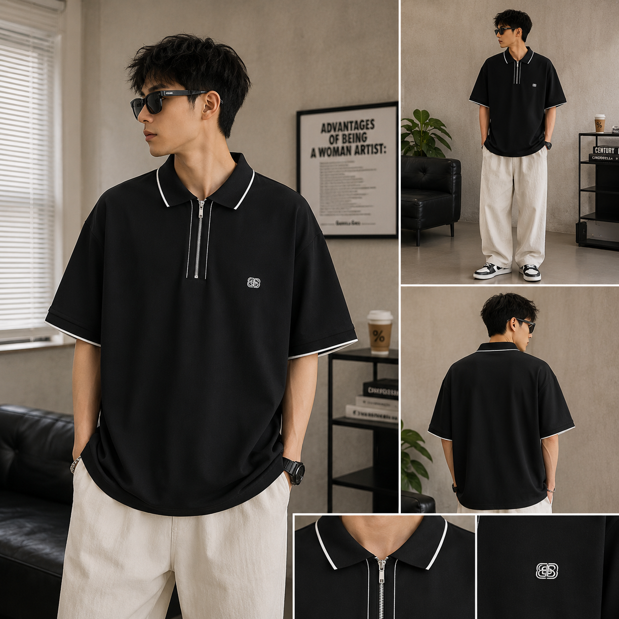 Men’s Zip Collar Oversized Polo T-Shirt – Black