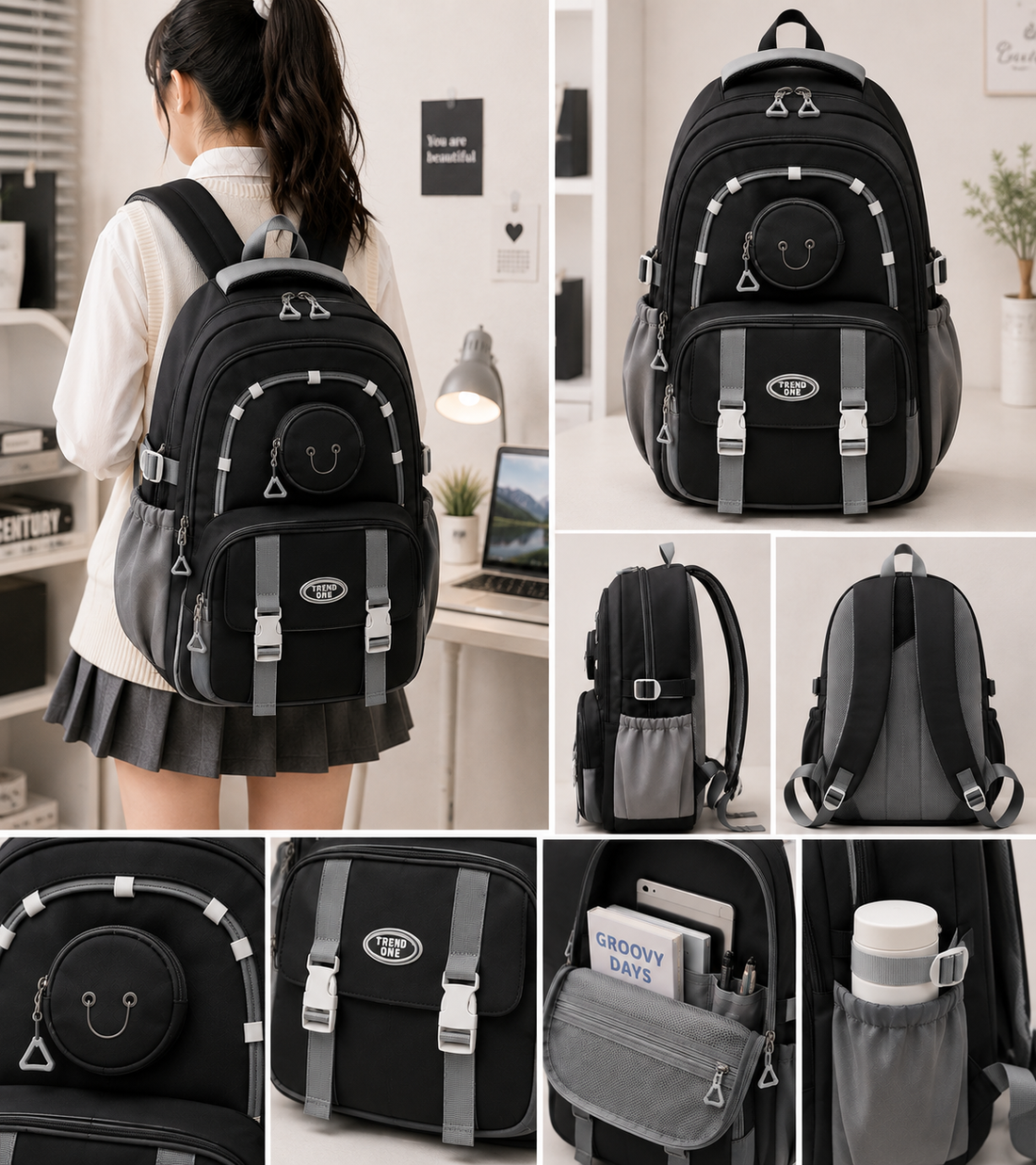 Trend One School Backpack – Black & Gray