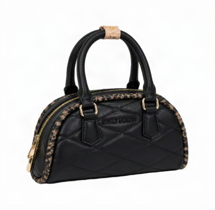 EMILY LORAN black quilted dome handbag with snake-textured trim, dual top handles, gold-tone hardware, and double zipper closure.