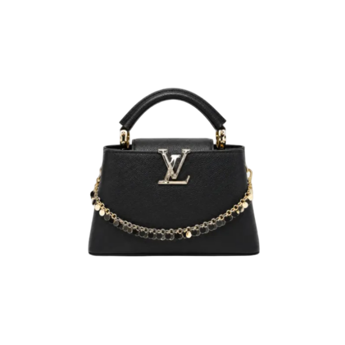 Louis Vuitton Capucines black leather top handle handbag with gold LV logo, decorative gold chain charm, and structured silhouette.