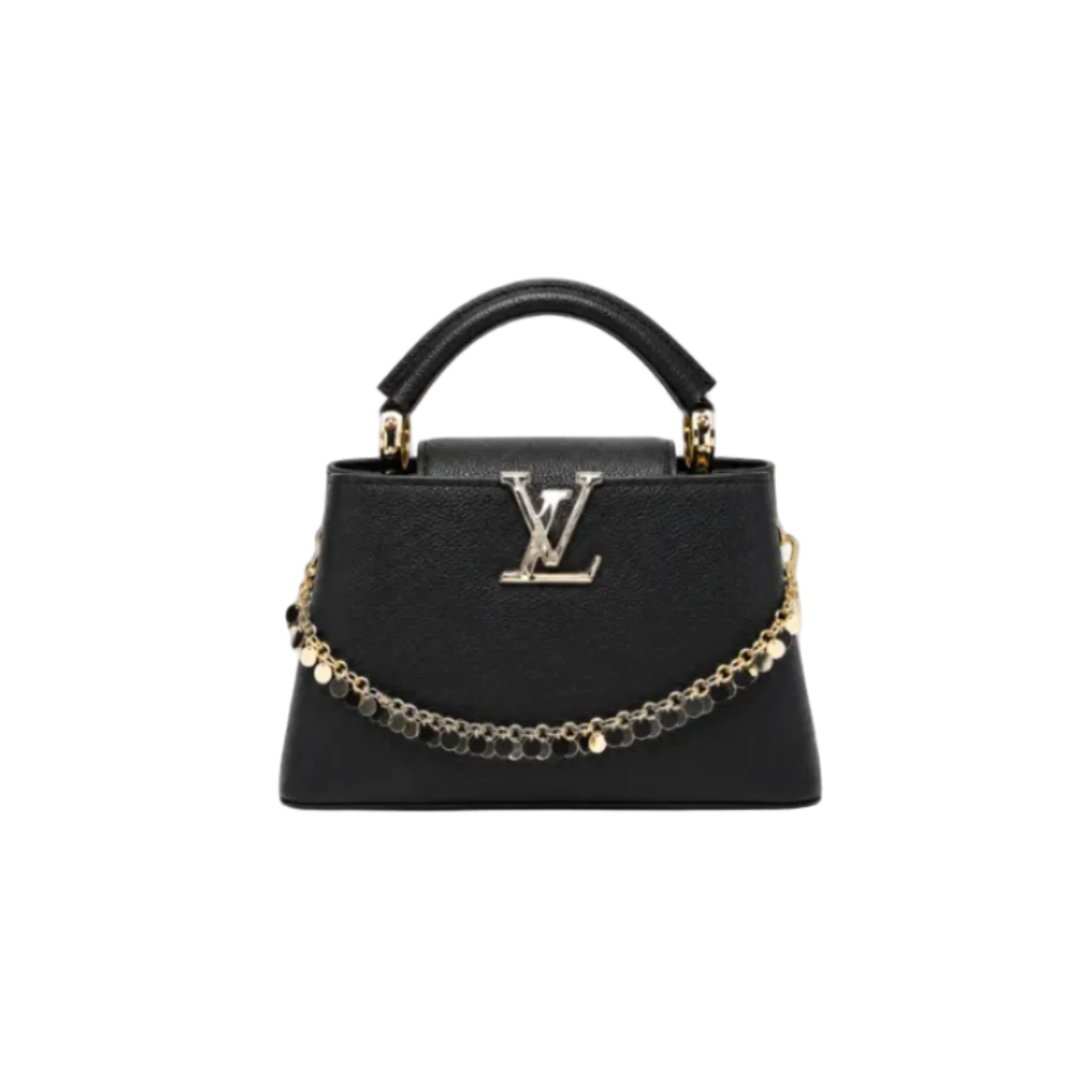 Louis Vuitton Capucines black leather top handle handbag with gold LV logo, decorative gold chain charm, and structured silhouette.