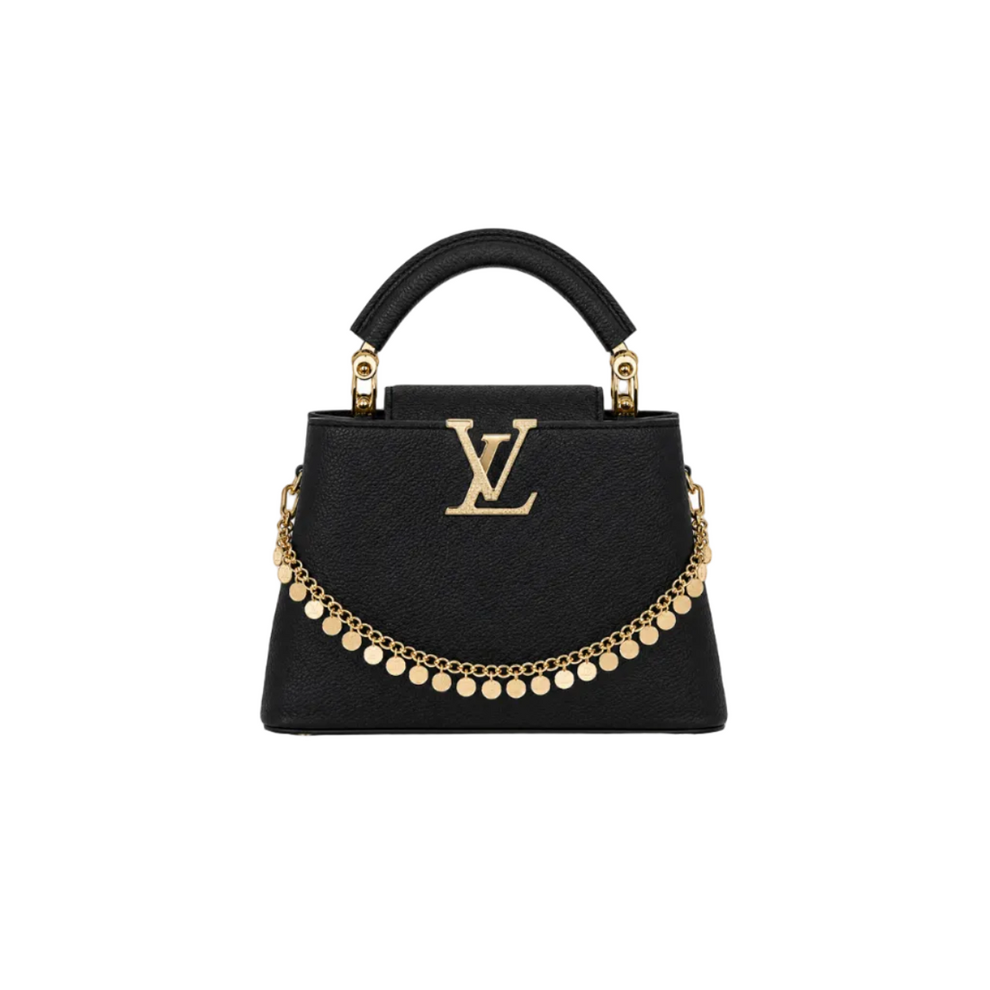 Louis Vuitton Capucines black grained leather top handle handbag with gold LV logo, decorative gold chain charm, and structured silhouette.