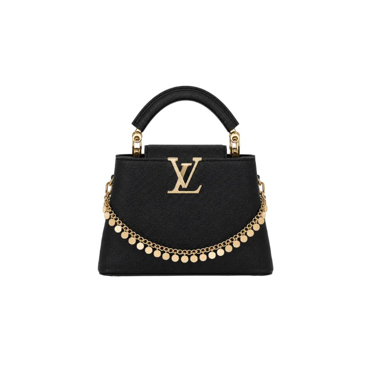 Louis Vuitton Capucines black grained leather top handle handbag with gold LV logo, decorative gold chain charm, and structured silhouette.
