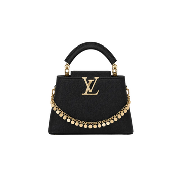 Louis Vuitton Capucines black grained leather top handle handbag with gold LV logo, decorative gold chain charm, and structured silhouette.