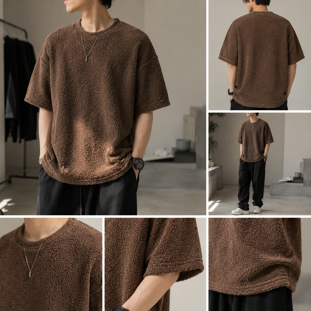 Men’s Textured Bouclé Oversized T-Shirt – Brown