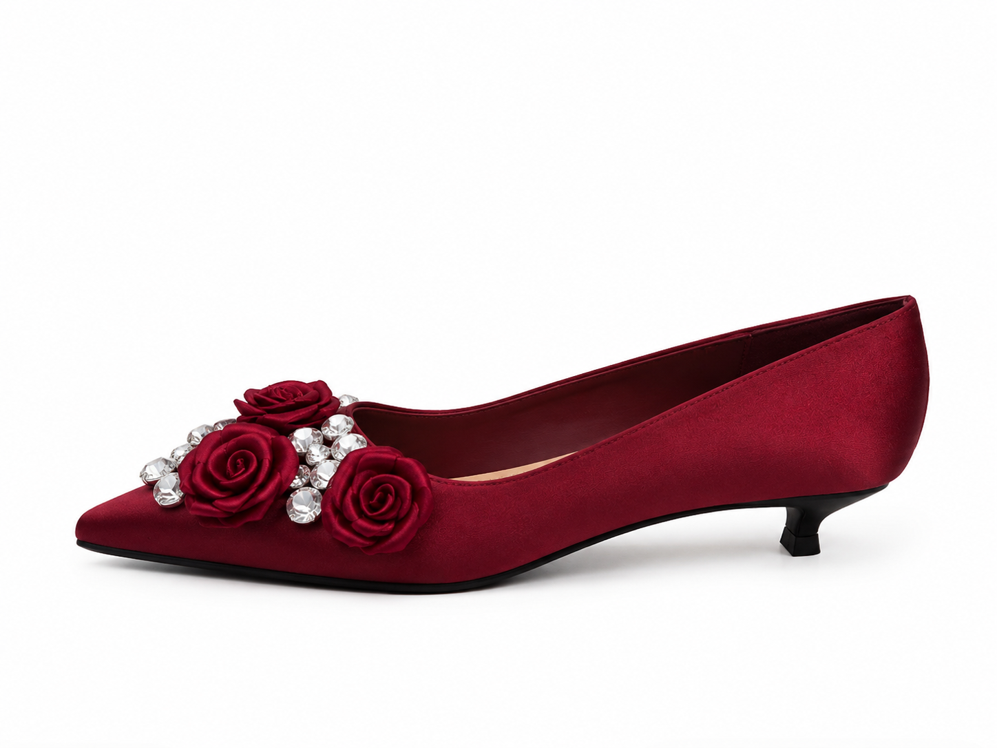 Burgundy Floral Crystal Low Heel Pumps