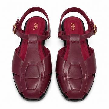 Women’s T-Strap Woven Flat Sandals – Burgundy