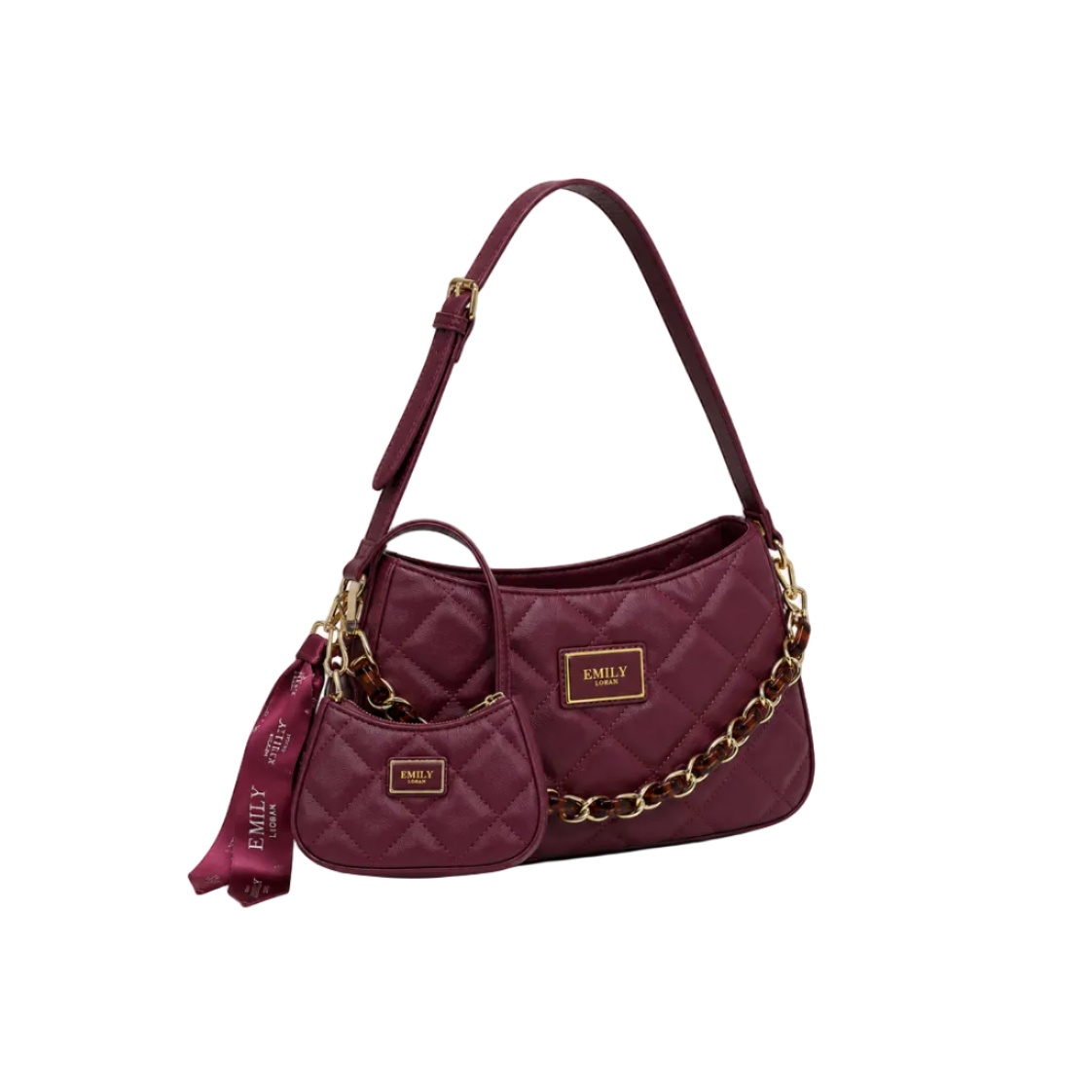 EMILY LORAN burgundy quilted shoulder bag with gold and tortoise chain, adjustable shoulder strap, matching mini pouch, and decorative ribbon.