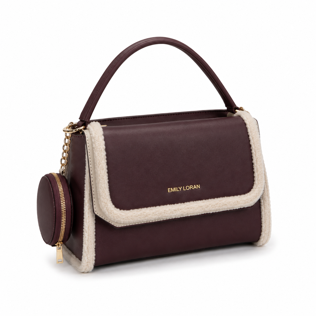 EMILY LORAN burgundy shoulder handbag with cream shearling trim, gold-tone hardware, top handle, and detachable round coin pouch.