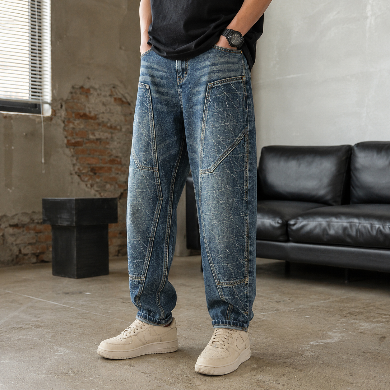 Men’s Vintage Washed Panel Denim Jeans