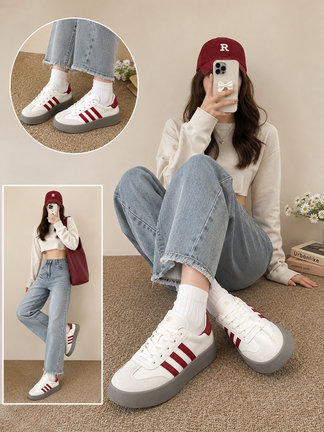 Women's white platform sneakers with red side stripes, gray platform sole, suede toe cap, and lace-up design.