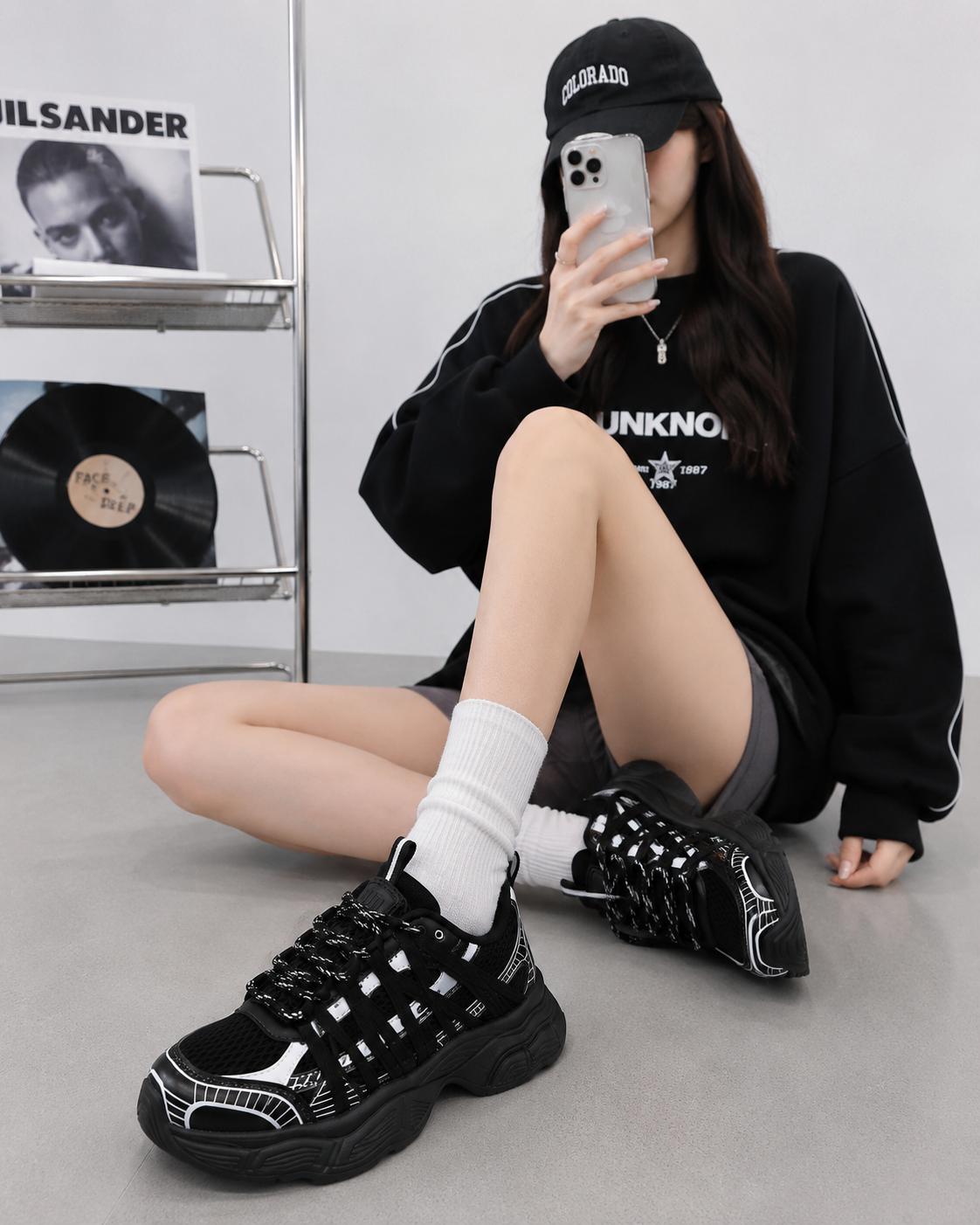 Women's Black Chunky Sneakers with White Graphic Details