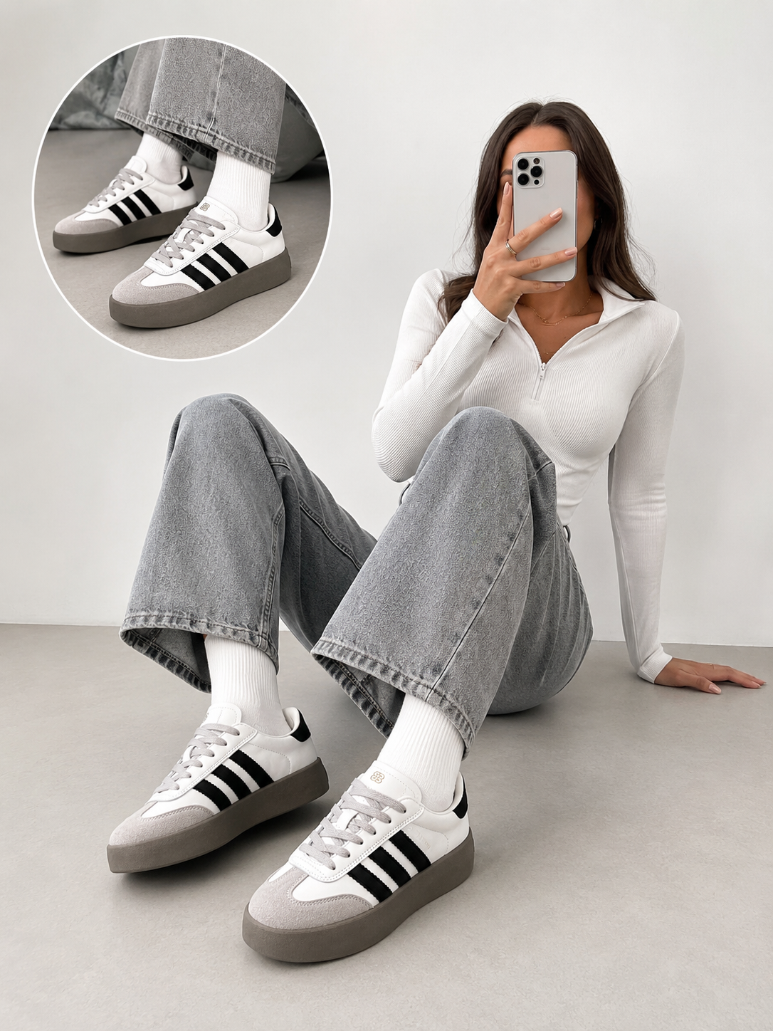 Women's White & Black Platform Casual Sneakers