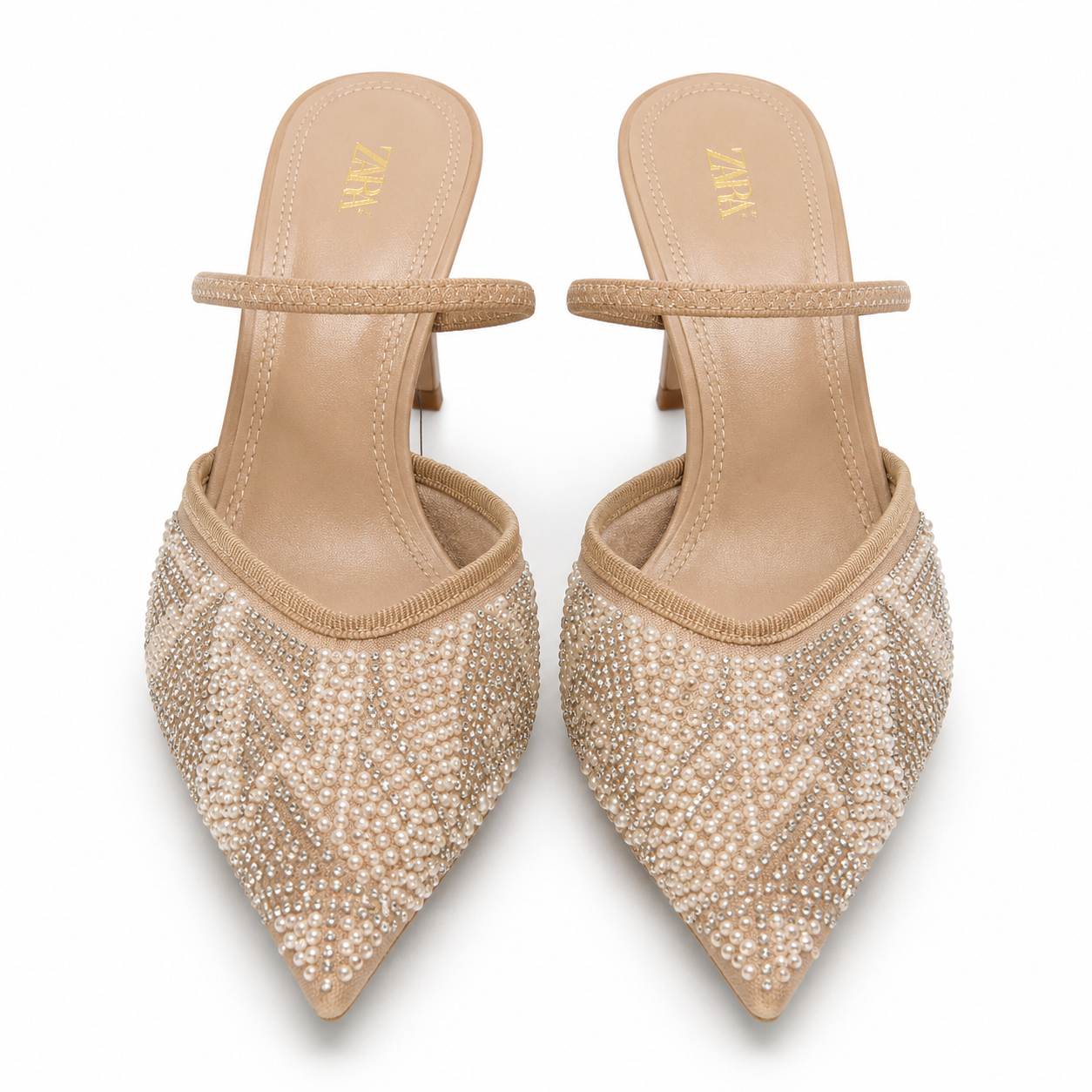 Beige Pearl & Crystal Pointed-Toe Mule Heels