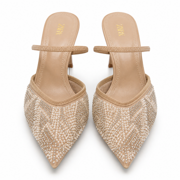 Beige Pearl & Crystal Pointed-Toe Mule Heels