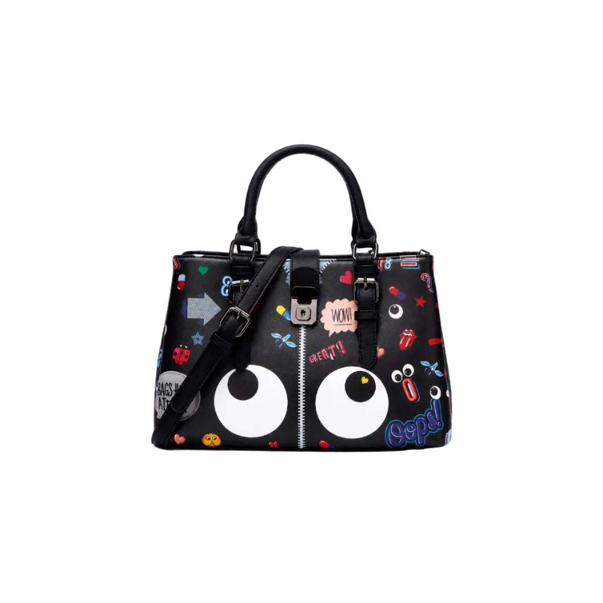Cartoon Eyes Printed Women's Handbag – Black Crossbody & Top Handle Bag