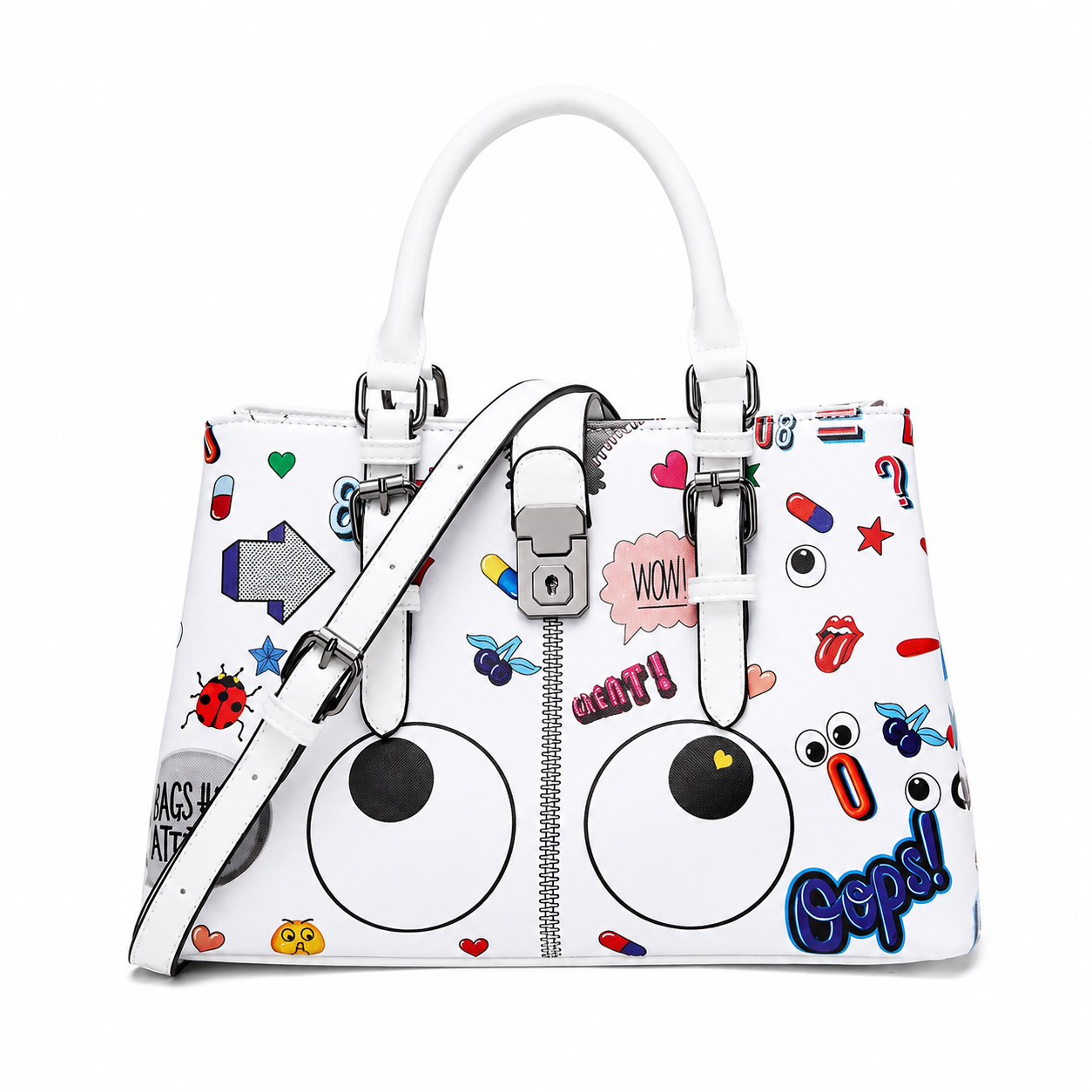 Women's Cartoon Eyes Printed Handbag – White Top Handle & Crossbody Bag
