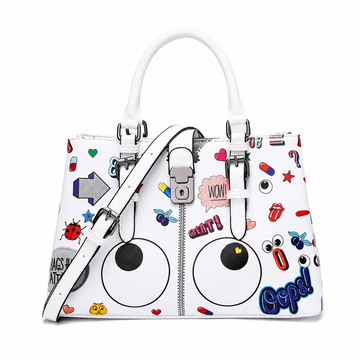 Women's Cartoon Eyes Printed Handbag – White Top Handle & Crossbody Bag