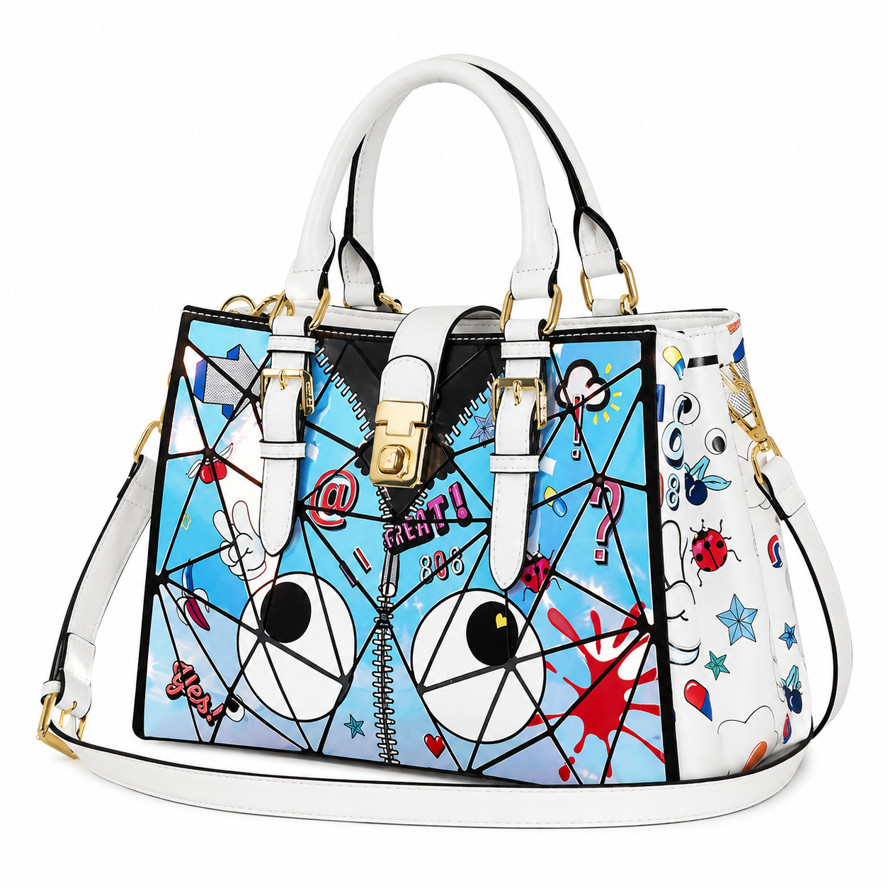 Eye Theme Crystal Satchel – White Cartoon Eyes Women's Handbag