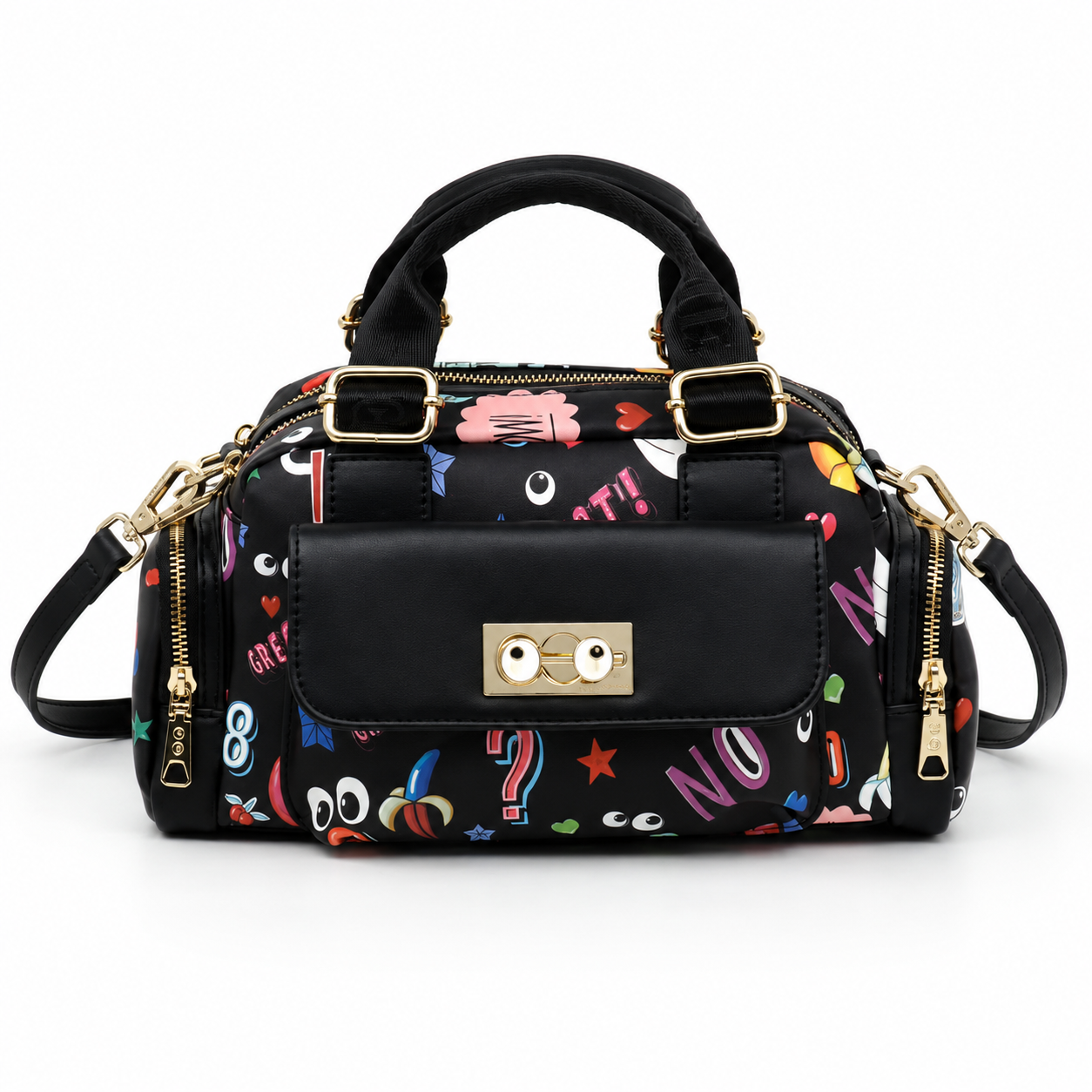 Eye Theme Nova Mini Duffel – Black Cartoon Print Women's Handbag