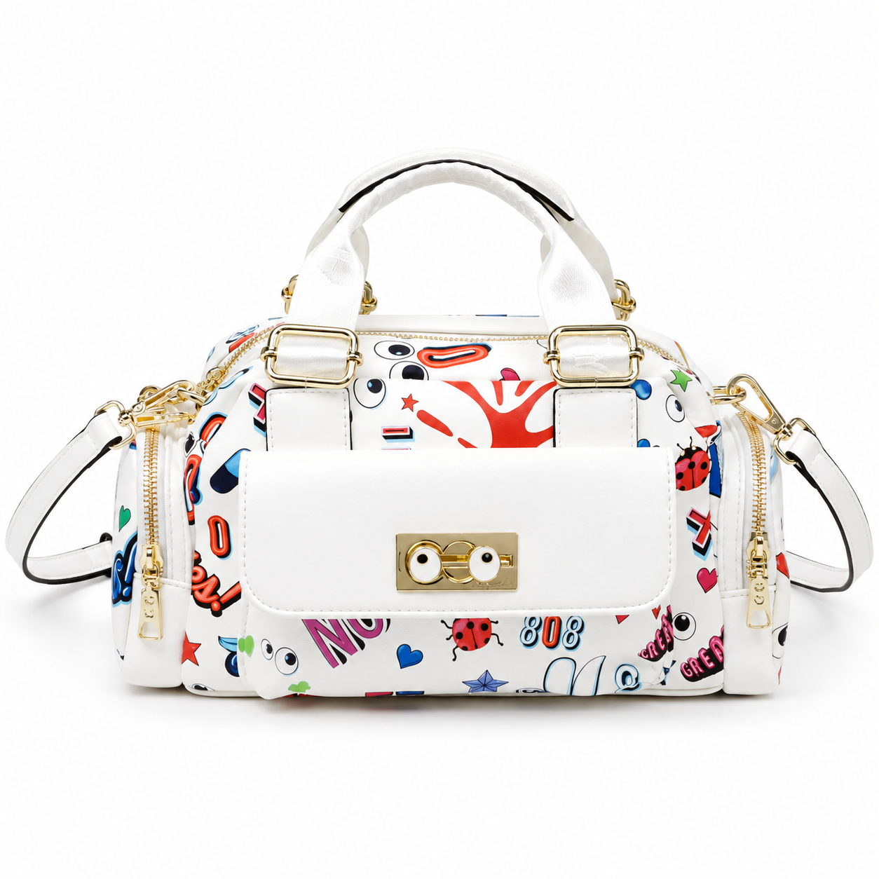 Eye Theme Nova Mini Duffel – White Cartoon Print Women's Handbag