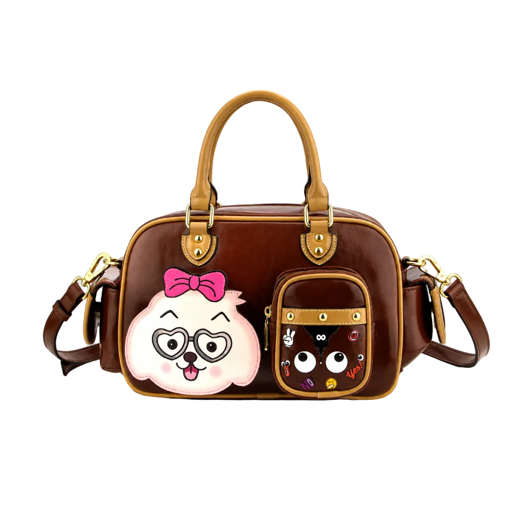 Eye Theme Cocoa Charm Boston Bag – Women's Brown Handbag with Shoulder Strap
