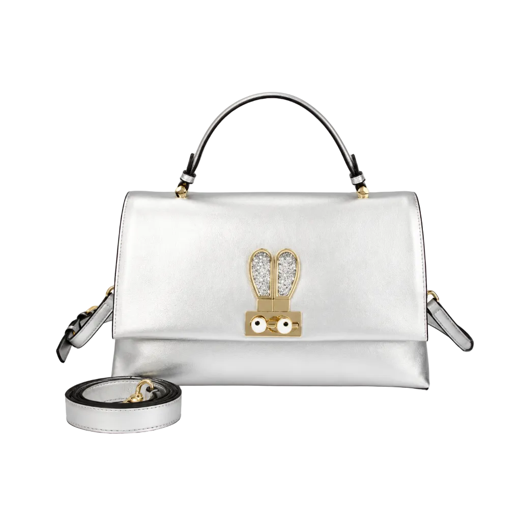 Eye Theme Bunny Lock Satchel – Silver Women's Top Handle Shoulder Bag