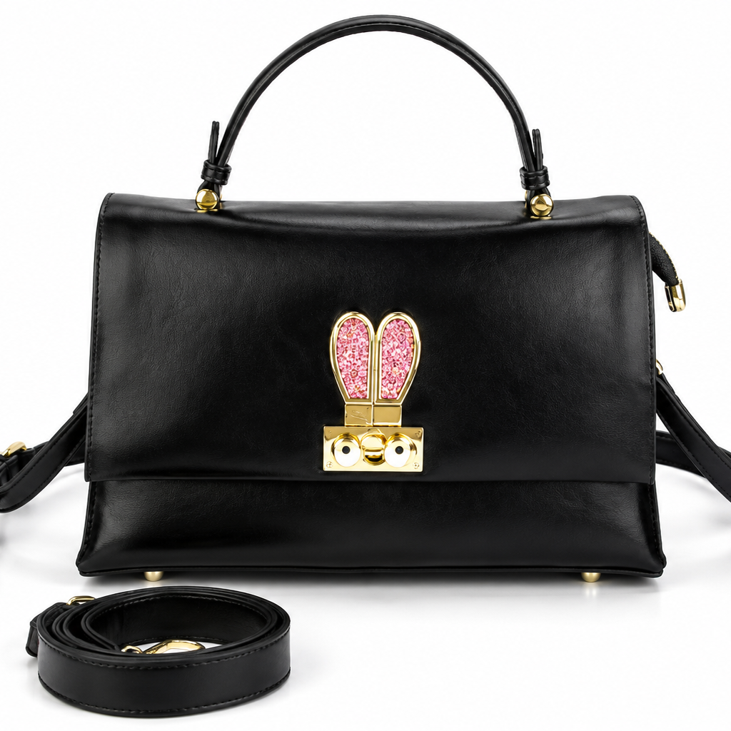 Eye Theme Bunny Lock Satchel – Black Women’s Top Handle Bag