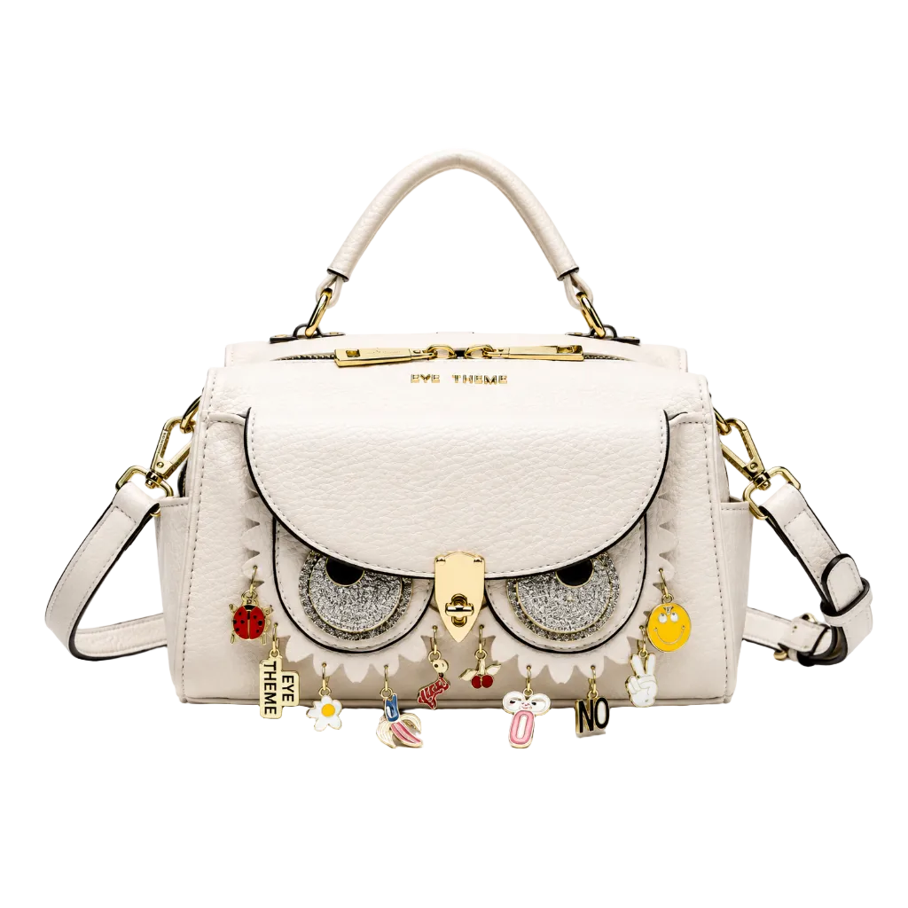 Eye Theme Owl Charm Satchel – Cream Women’s Top Handle Bag