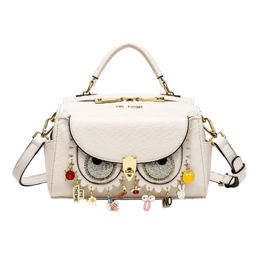 Eye Theme Owl Charm Satchel – Cream Women’s Top Handle Bag