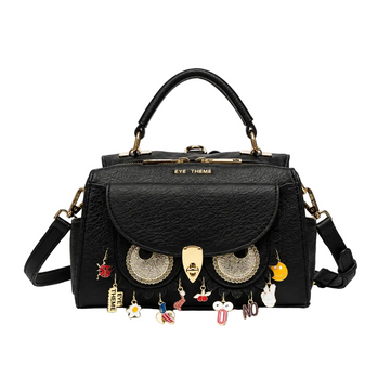 Eye Theme Owl Charm Satchel – Black Women's Top Handle Bag