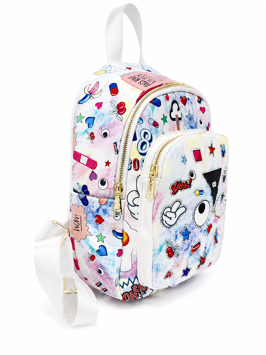 Eye Theme Splash Print Backpack – White Multi-Color Women's Backpack