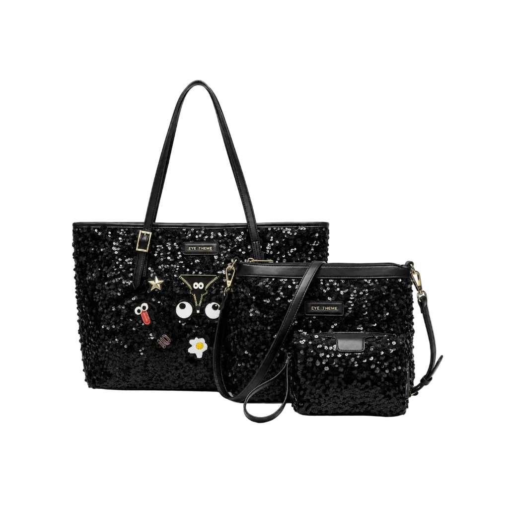 Eye Theme Sequin 3-Piece Tote Set – Black Women's Luxury Handbag Collection