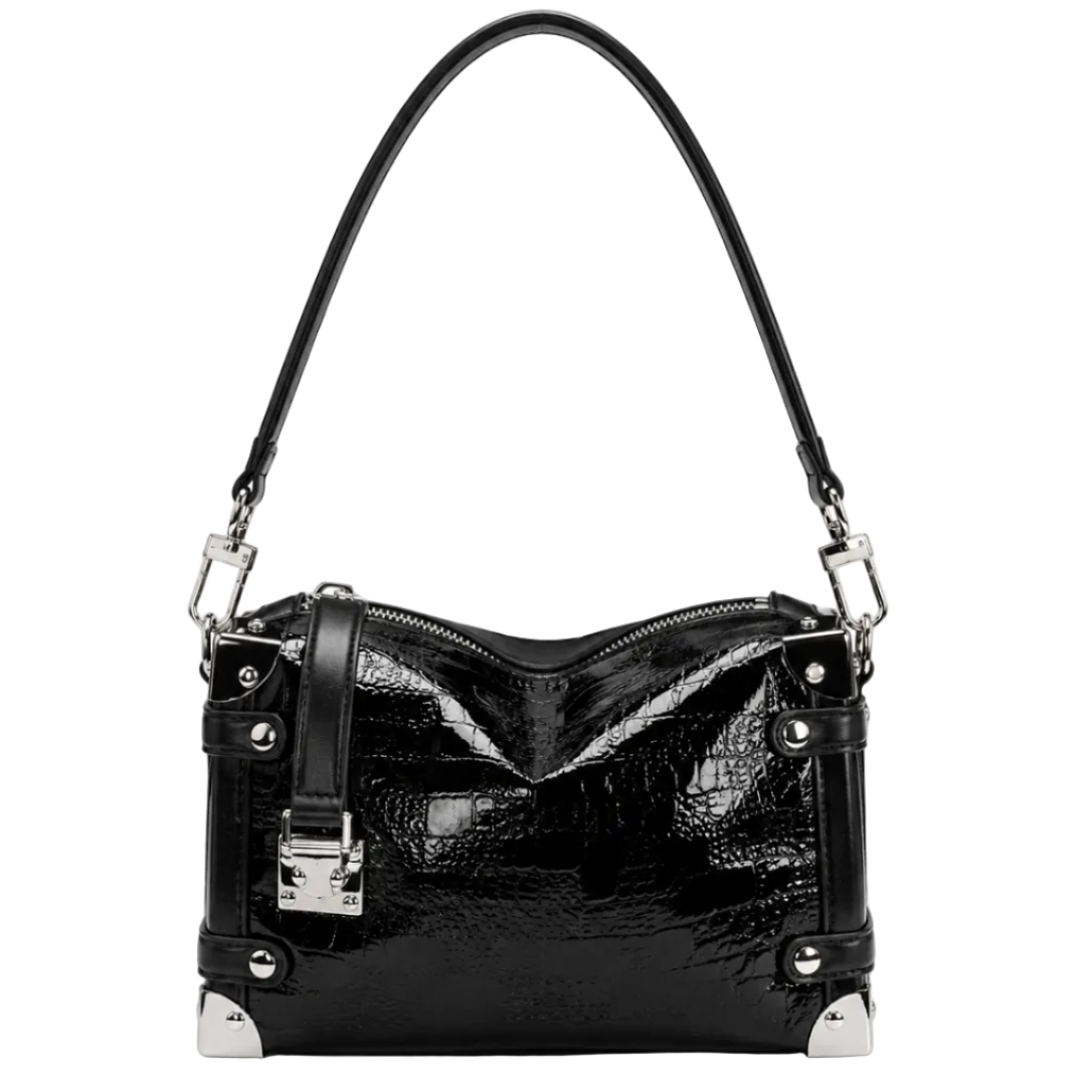 Luxe Metallic Trunk Shoulder Bag – Black Women's Patent Leather Shoulder Bag