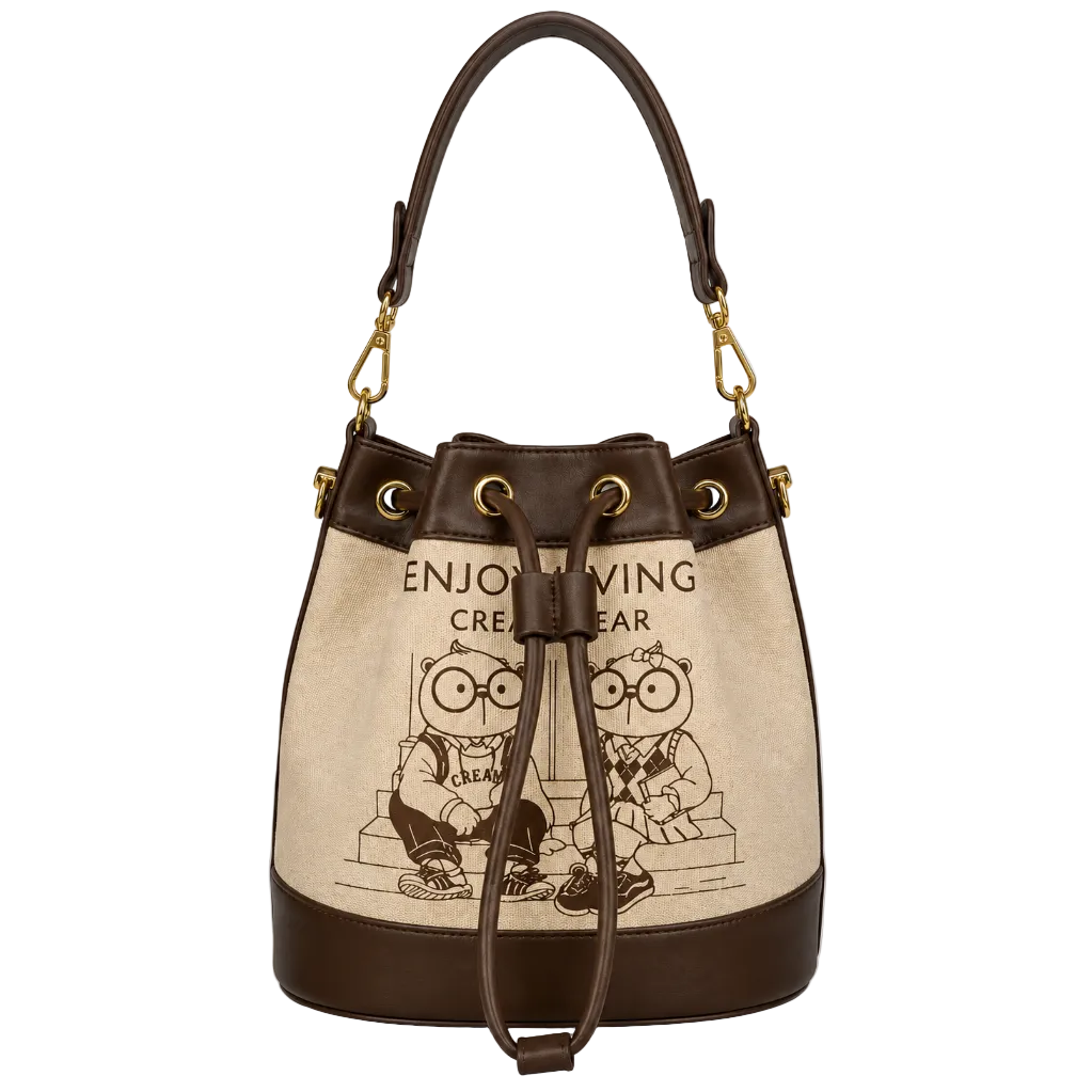 Cream Bear Bucket Bag – Tan Women's Drawstring Shoulder Bag