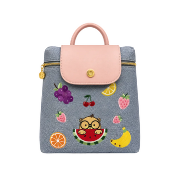 Cream Bear Denim Fruit Backpack for Women – Gray & Pink