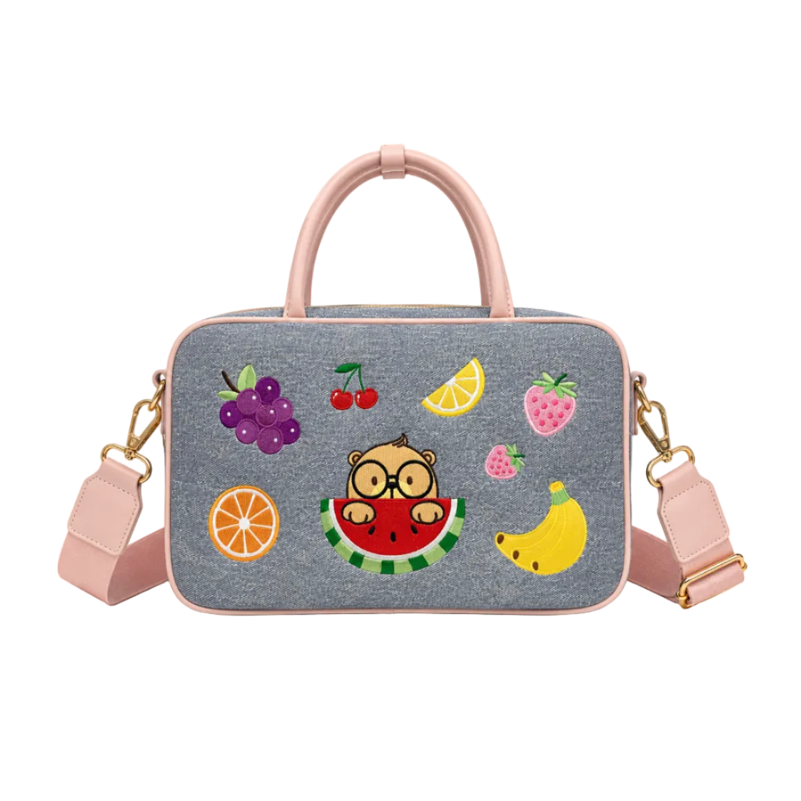 Cream Bear Fruit Embroidered Crossbody Bag – Gray & Pink